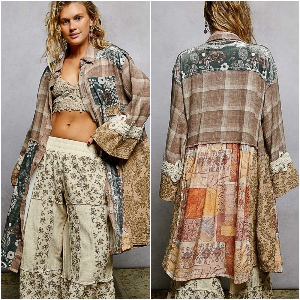 POL Mixed Patchwork Button-Down Shirt Jacket in Brown, Cream & Green